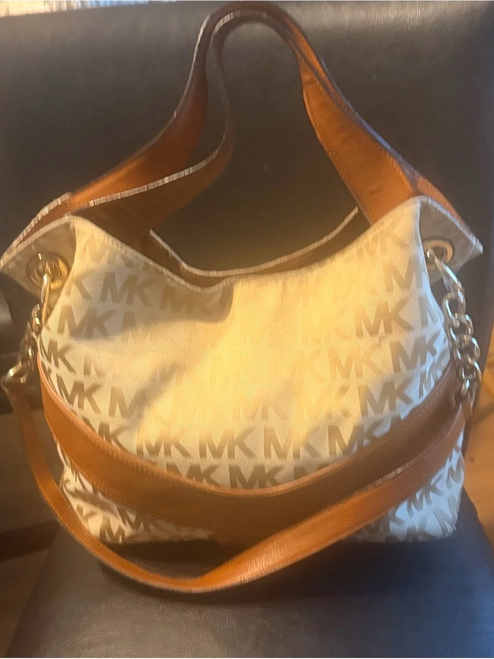 Michael Kors Jamesport Cream and Tan Logo Hobo Bag